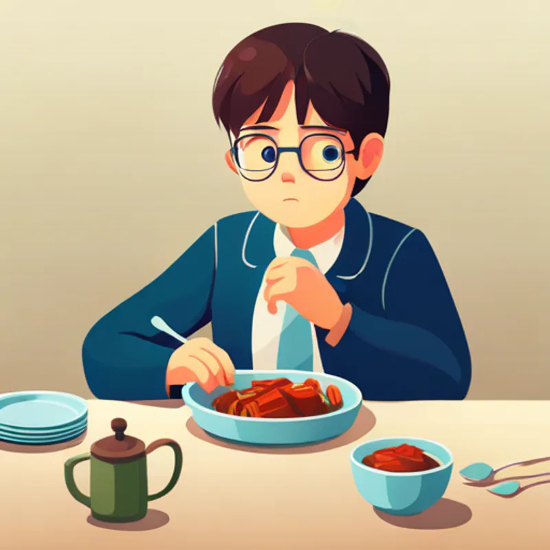 A boy with short brown hair and glasses looking unhappy at the dinner table