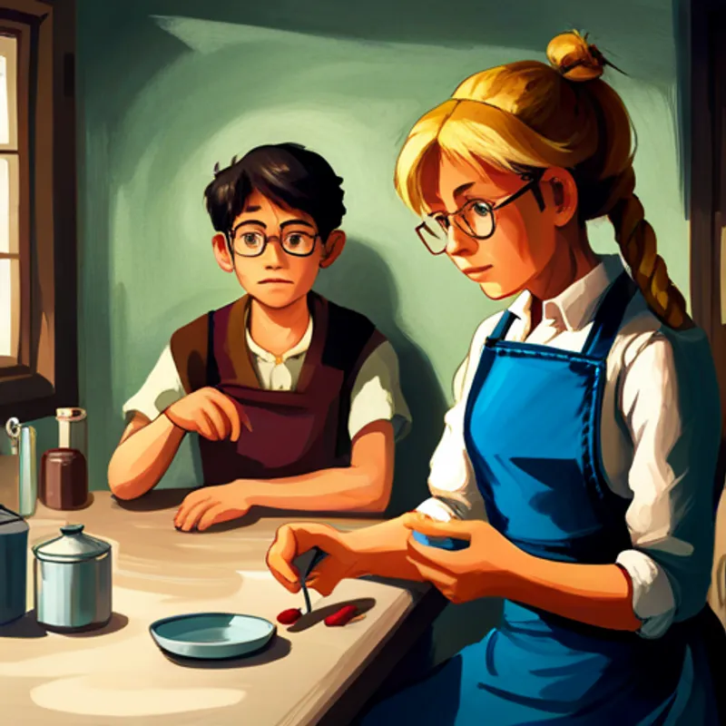 A woman with long blonde hair and a blue apron looking concerned, talking to A boy with short brown hair and glasses