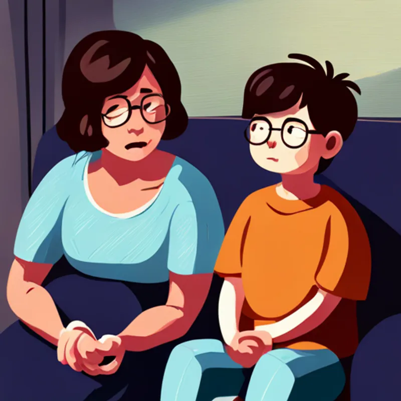 A boy with short brown hair and glasses talking to his mom, looking frustrated