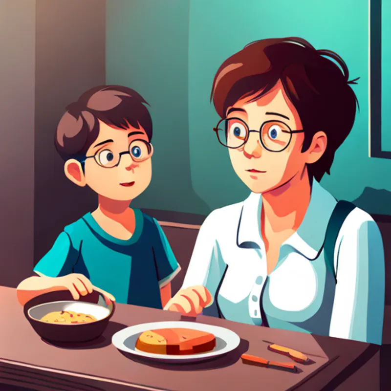 A boy with short brown hair and glasses's mom explaining mindful eating to Lucas