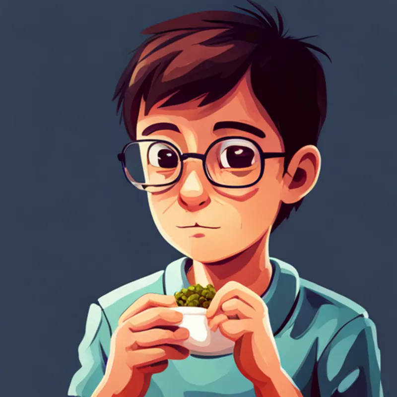 A boy with short brown hair and glasses taking a small bite of food, looking hopeful
