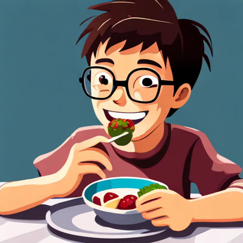 A boy with short brown hair and glasses smiling, enjoying the food he's eating