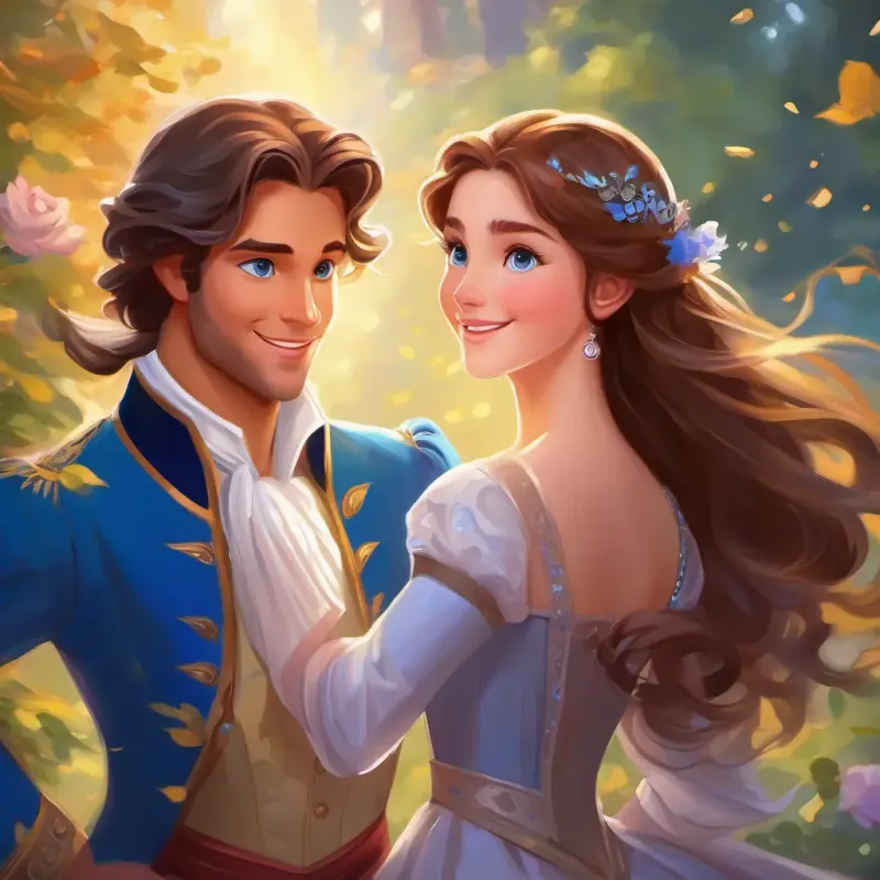 Kind girl with long brown hair, blue eyes, and a radiant smile and the prince's enchanting dance, dreamy and lovely