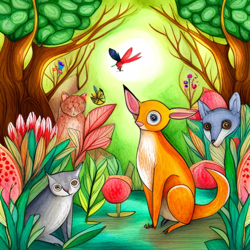 Animals in a magical forest living in harmony
