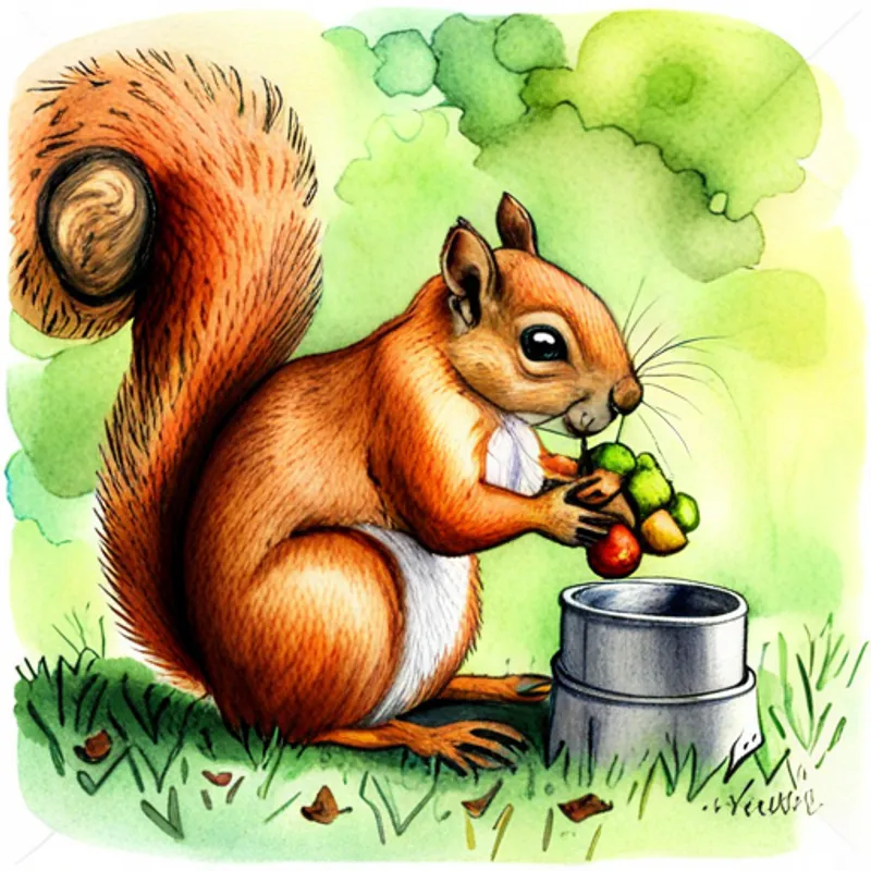 Playful Playful squirrel with a big fluffy tail gathering nuts for everyone