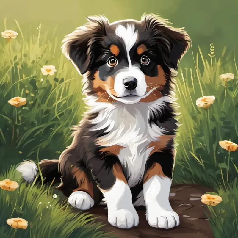 Black, white, and brown Australian Shepherd puppy, mischievous and thoughtful and Black, white, and brown Australian Shepherd puppy, playful and loyal are sitting in a grassy backyard, looking a little sad.