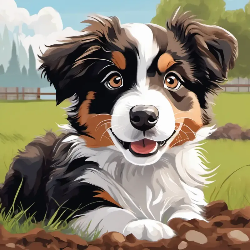 Black, white, and brown Australian Shepherd puppy, mischievous and thoughtful and Black, white, and brown Australian Shepherd puppy, playful and loyal are excitedly looking at a patch of dirt in the backyard, ready to start digging.
