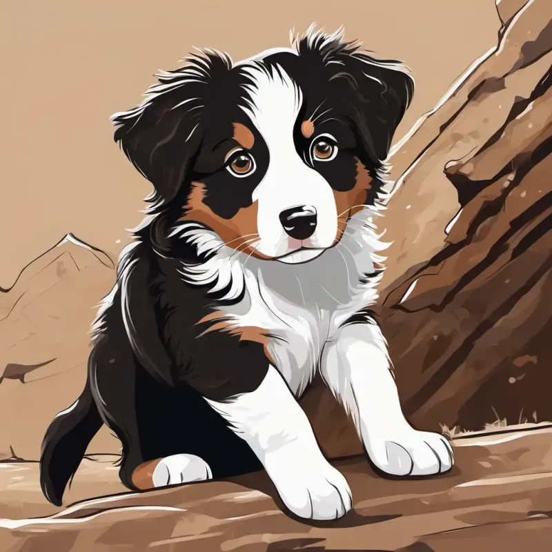 Black, white, and brown Australian Shepherd puppy, mischievous and thoughtful and Black, white, and brown Australian Shepherd puppy, playful and loyal are digging a big hole, their heads poking out of the increasingly deep pit.