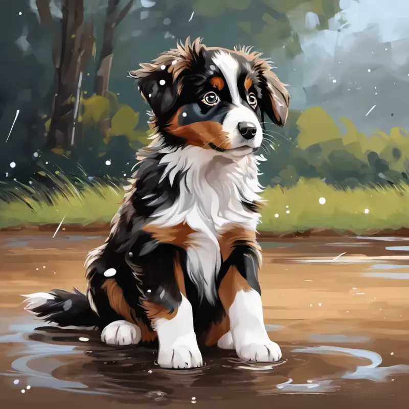 Black, white, and brown Australian Shepherd puppy, mischievous and thoughtful and Black, white, and brown Australian Shepherd puppy, playful and loyal are soaking wet, mud splattered everywhere, looking guilty.