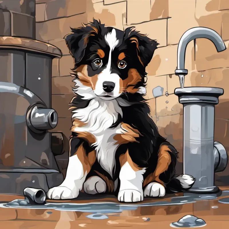Black, white, and brown Australian Shepherd puppy, mischievous and thoughtful and Black, white, and brown Australian Shepherd puppy, playful and loyal are sitting next to the broken water pipe, looking remorseful.