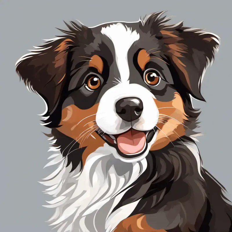 Black, white, and brown Australian Shepherd puppy, mischievous and thoughtful and Black, white, and brown Australian Shepherd puppy, playful and loyal are talking to their parents, who have kind expressions on their faces.