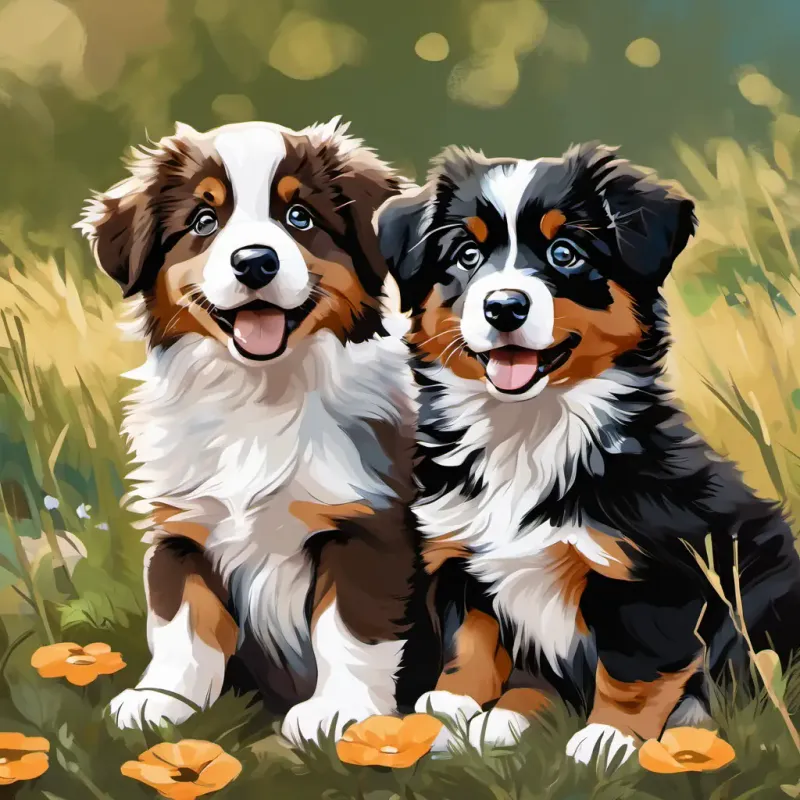 Black, white, and brown Australian Shepherd puppy, mischievous and thoughtful and Black, white, and brown Australian Shepherd puppy, playful and loyal's parents are talking to them, offering support and kindness.