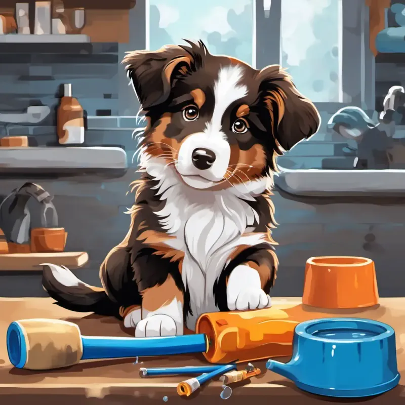 Black, white, and brown Australian Shepherd puppy, mischievous and thoughtful and Black, white, and brown Australian Shepherd puppy, playful and loyal are working alongside their parents, holding tools and working together to fix the water pipe.