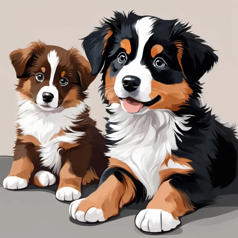 Black, white, and brown Australian Shepherd puppy, mischievous and thoughtful and Black, white, and brown Australian Shepherd puppy, playful and loyal are sitting side by side, looking thoughtful and responsible.