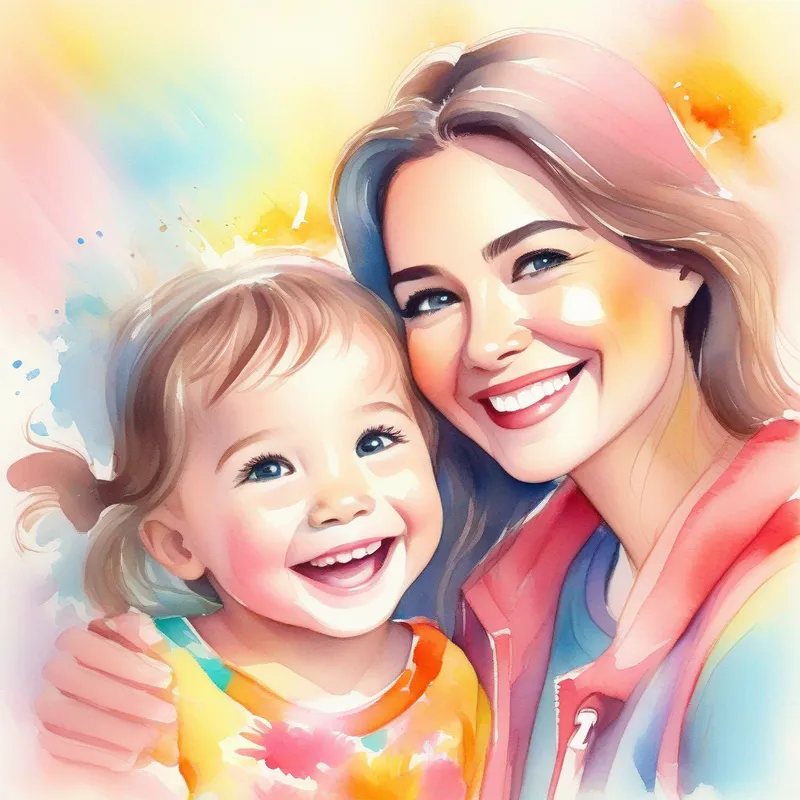 A happy and colorful morning scene with A warm and loving mother, wearing bright, cheerful colors and A joyful girl, with a radiant smile and twinkling eyes