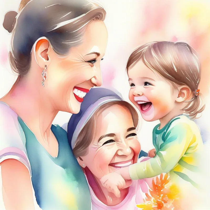 A warm and loving mother, wearing bright, cheerful colors, her husband, and A joyful girl, with a radiant smile and twinkling eyes talking and laughing happily