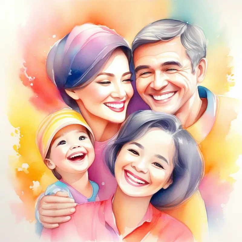 A warm and loving mother, wearing bright, cheerful colors, her husband, and A joyful girl, with a radiant smile and twinkling eyes having a serious yet loving conversation