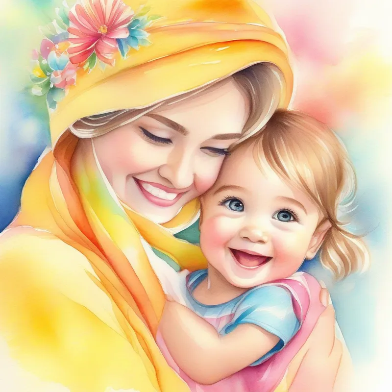 A warm and loving mother, wearing bright, cheerful colors giving A joyful girl, with a radiant smile and twinkling eyes a surprise gift with joyous expressions