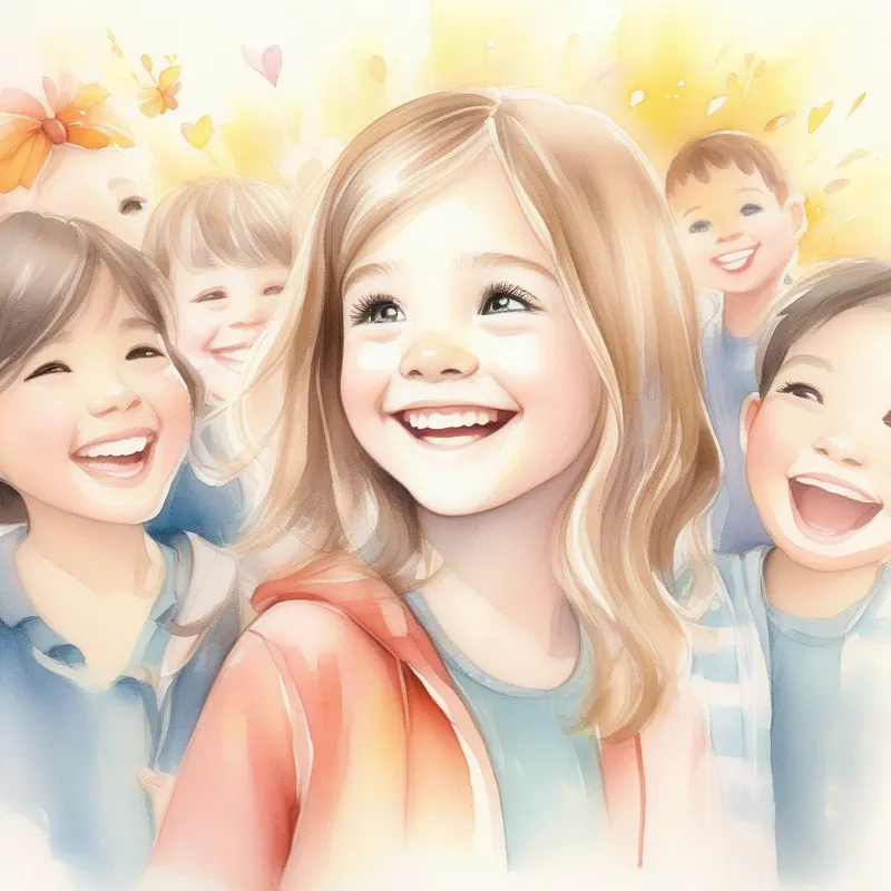 A joyful girl, with a radiant smile and twinkling eyes surrounded by friends expressing their gratitude and love