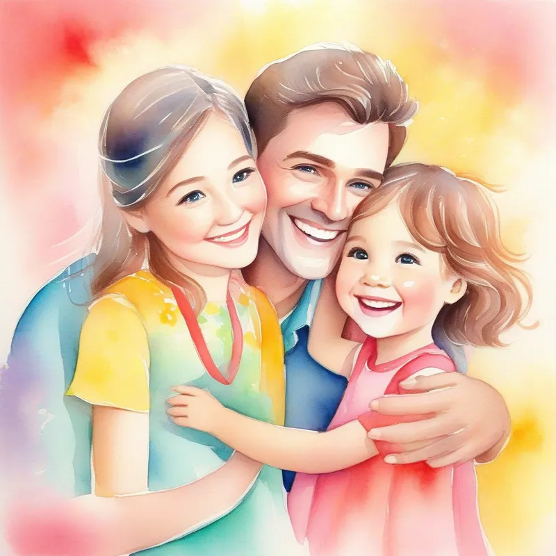 A warm and loving mother, wearing bright, cheerful colors, her husband, and A joyful girl, with a radiant smile and twinkling eyes together, smiling with pride