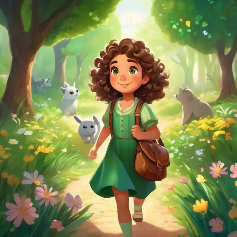 Curly brown hair, sparkling green eyes, wears a flowery dress and carries a satchel learns about the stolen magical crystals and decides to help the animals retrieve them.