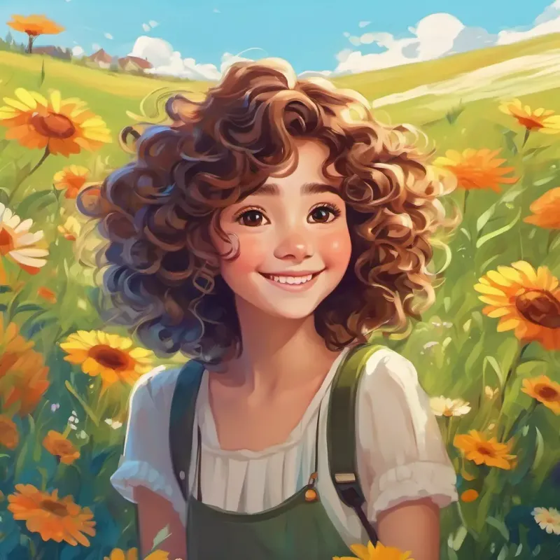 In a colorful meadow, Curly brown hair, bright smile with curly brown hair and a bright smile.