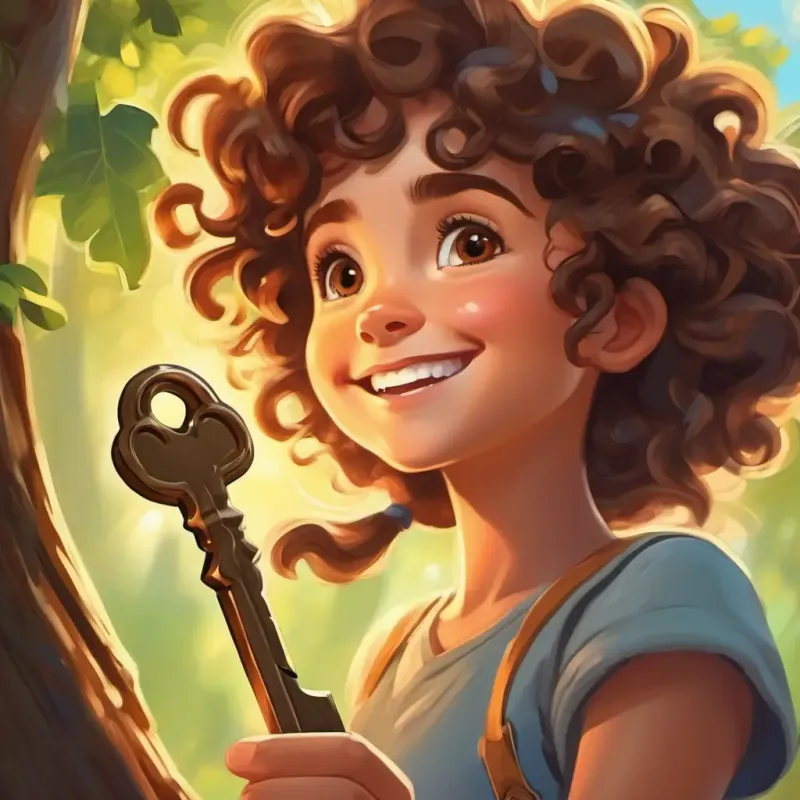Curly brown hair, bright smile finds a shiny key near an old oak tree as her eyes light up with excitement.