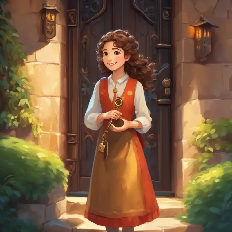 Curly brown hair, bright smile holding the magical key and a door appearing before her.