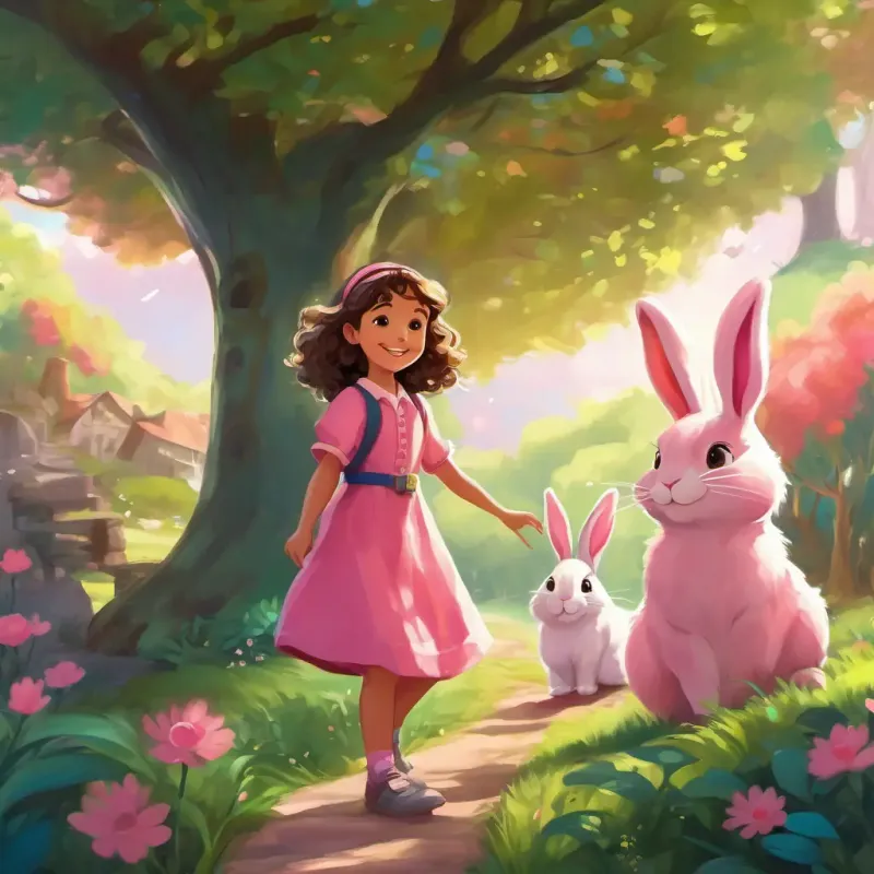 Curly brown hair, bright smile enters a magical world with talking animals and trees, greeted by a pink bunny.