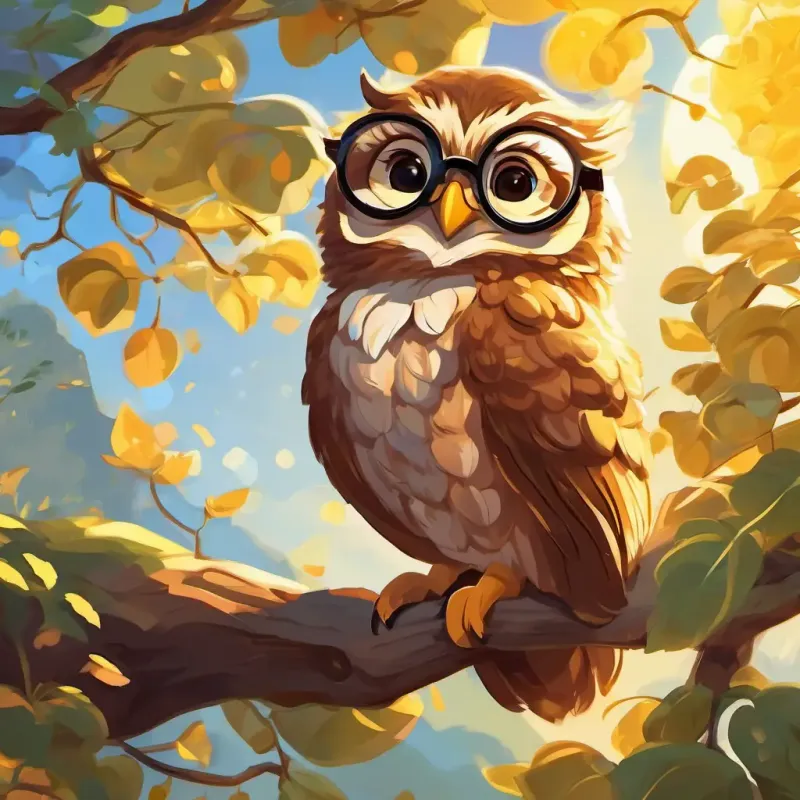 Curly brown hair, bright smile, a wise owl in glasses, and a trendy mouse laughing under the golden sun.