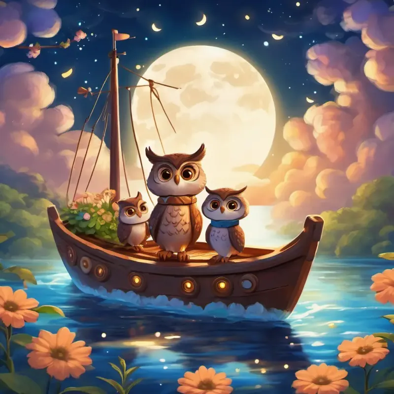 Curly brown hair, bright smile, the wise owl, and the trendy mouse sailing in a flower boat under the moonlit sky.