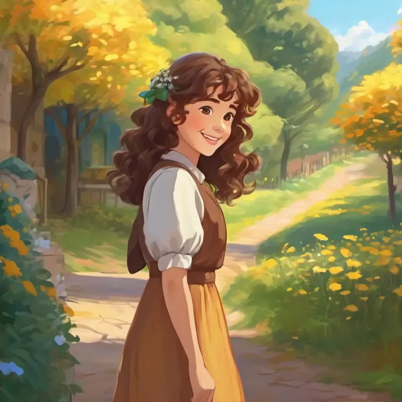 Curly brown hair, bright smile saying goodbye to her friends with a promise.