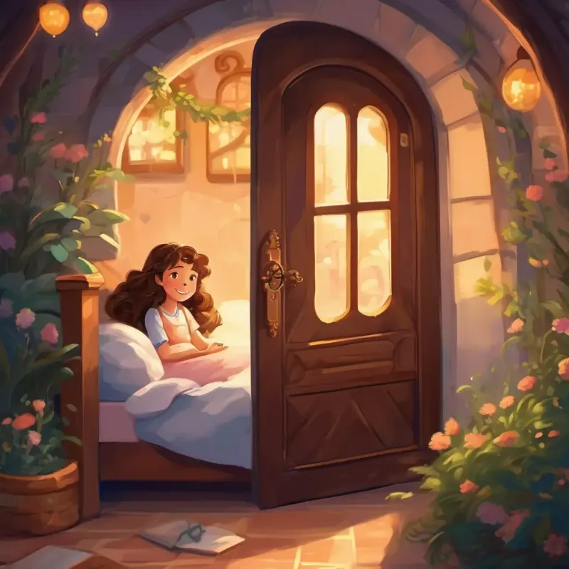 Curly brown hair, bright smile turning the magical key, the door vanishing, and her snuggling in bed dreams about her adventure.