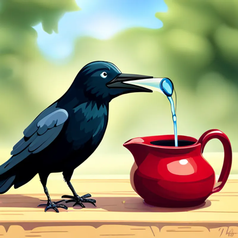 A happy crow drinking water from the jug