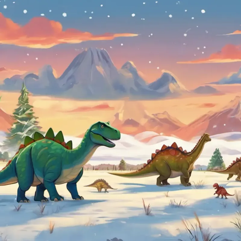 Dino in a wide open field, looking sad, with other dinosaurs in the background.