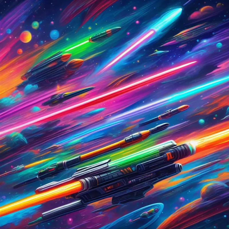 Bright colors of lightsabers and spaceships