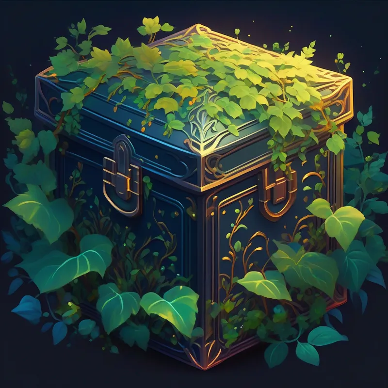 A magical shimmering box surrounded by vines