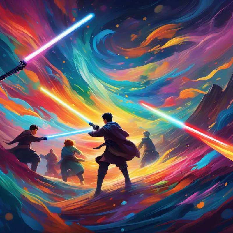 Heroes wielding lightsabers battling amidst swirling colors