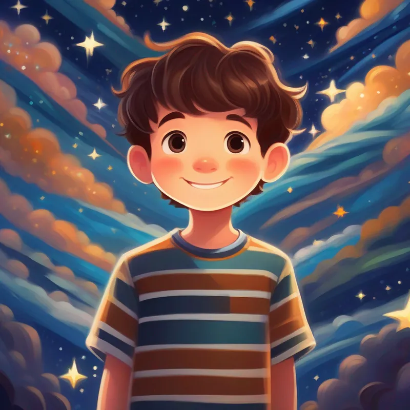 Curious boy with brown hair and starry eyes, wearing a striped t-shirt smiling surrounded by his starry dreams