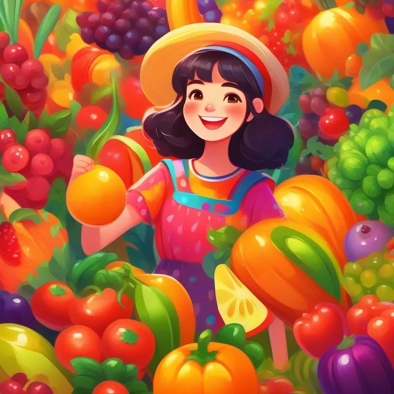 A vibrant girl in colorful clothes, with a cheerful smile. in a colorful world of fruits and veggies, filled with excitement.