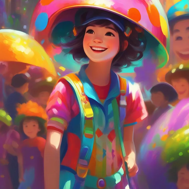 A vibrant girl in colorful clothes, with a cheerful smile. wearing a magical helmet that shines bright with honesty.