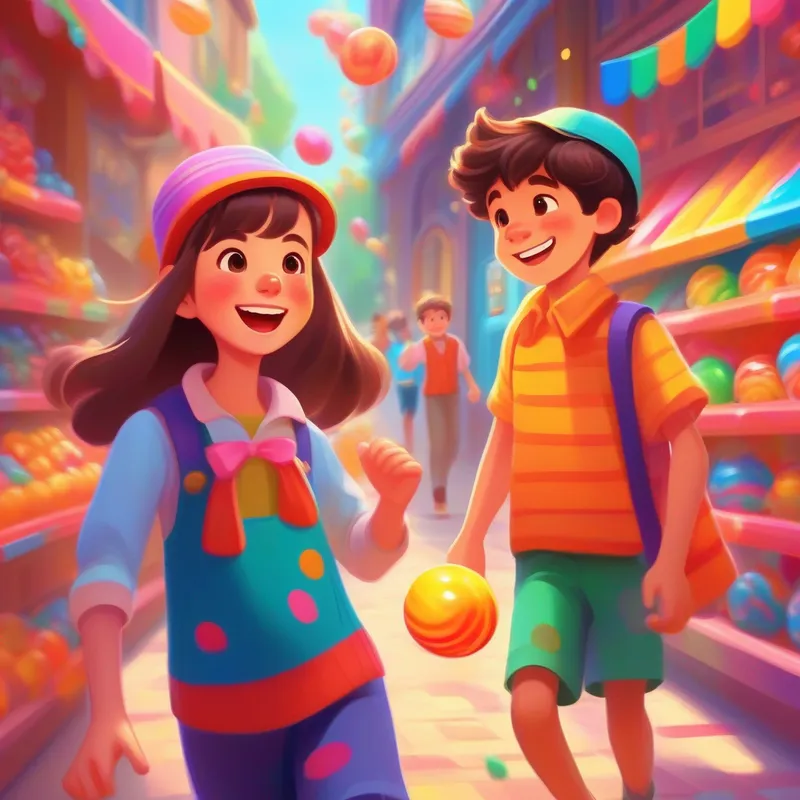 A vibrant girl in colorful clothes, with a cheerful smile. and A mischievous boy with a playful expression. skipping towards a colorful candy store.