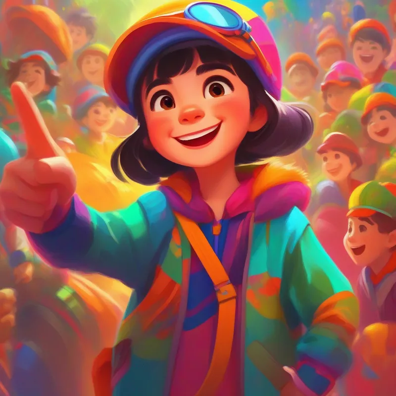 A vibrant girl in colorful clothes, with a cheerful smile. wearing the Honesty Helm, pointing at A mischievous boy with a playful expression. with a guilty expression on his face.