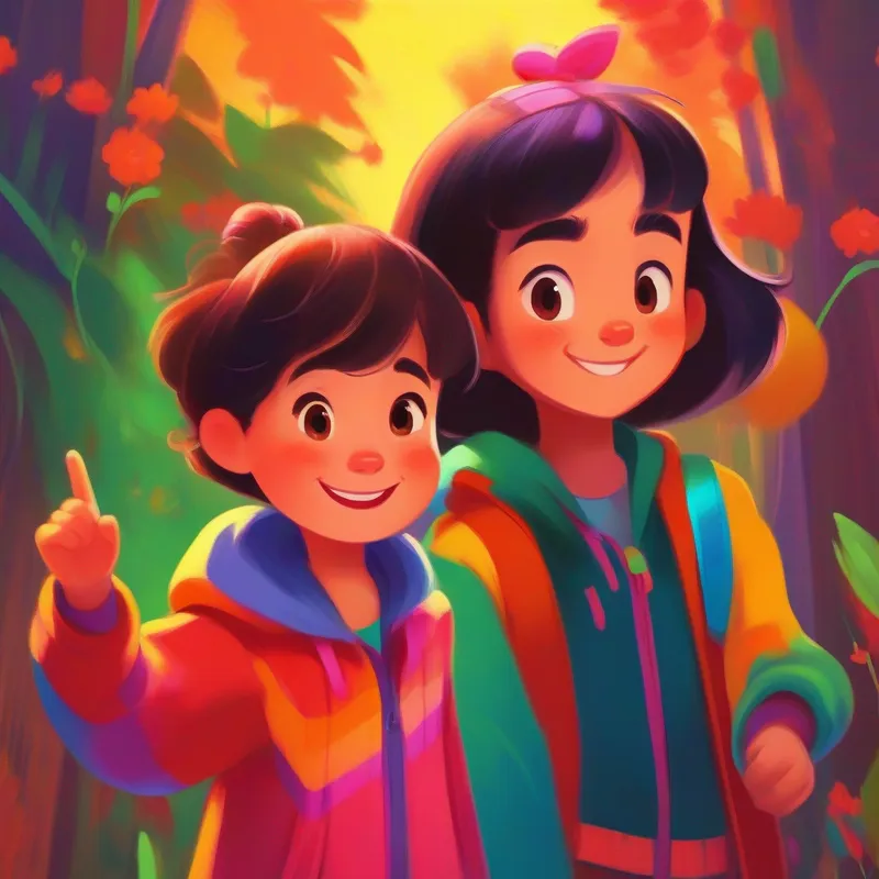 A vibrant girl in colorful clothes, with a cheerful smile. looking serious while confronting A mischievous boy with a playful expression., who seems remorseful.