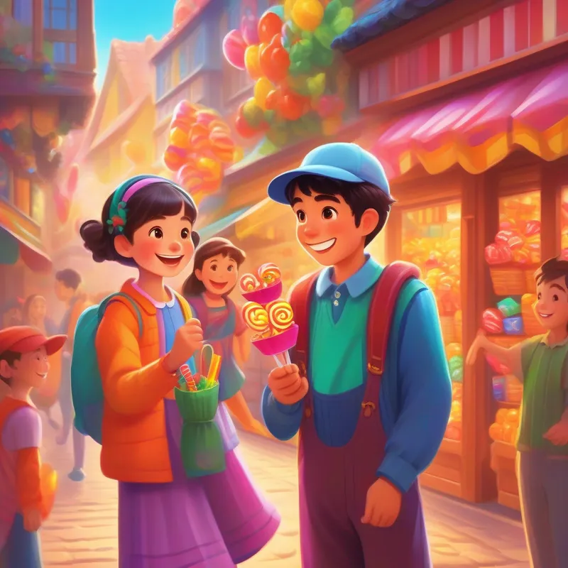 A vibrant girl in colorful clothes, with a cheerful smile. and A mischievous boy with a playful expression. returning the candy with the store owner smiling gratefully.