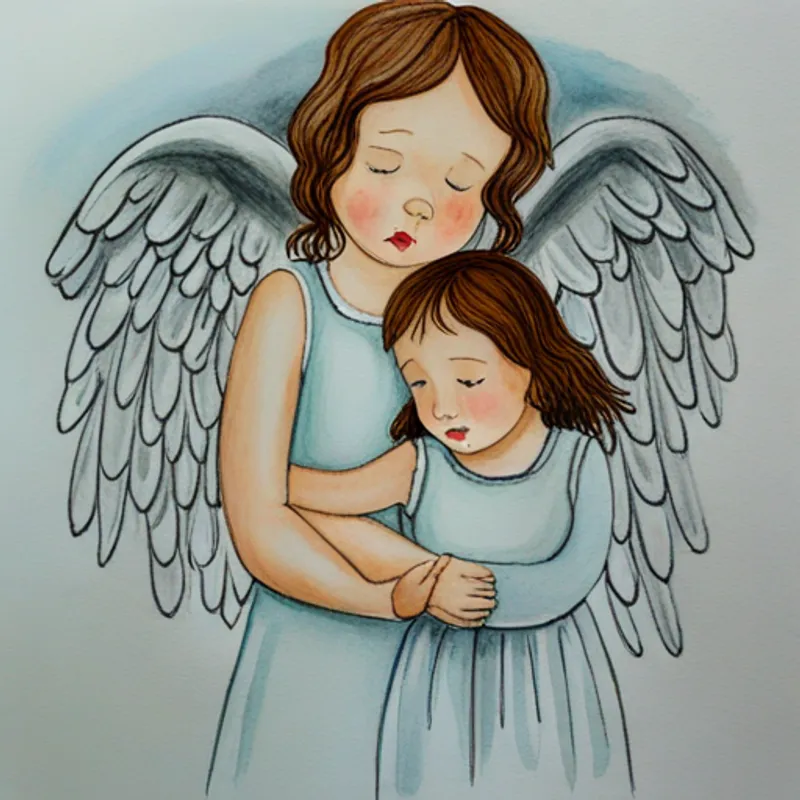 A pretty angel with silver shimmering wings lending a sympathetic ear to sad A sad little girl longing for her missing puppy