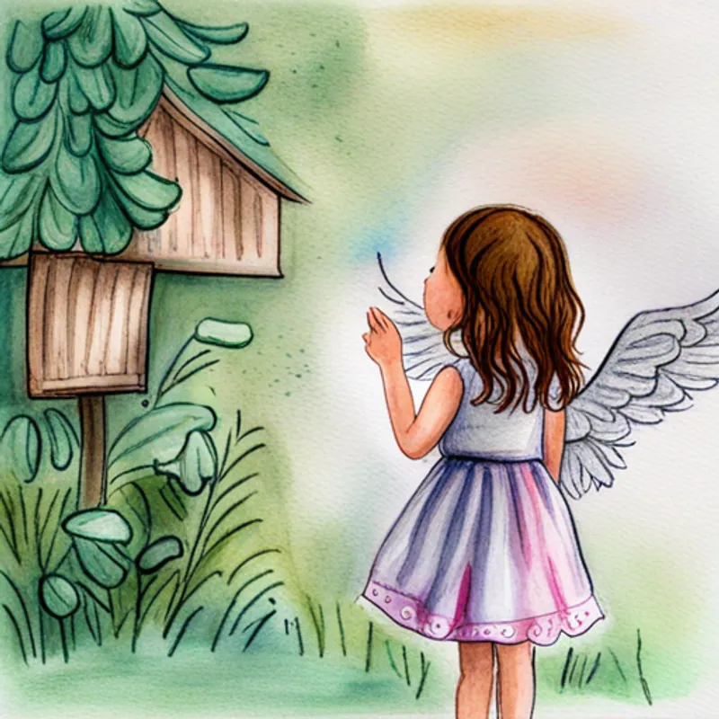 A pretty angel with silver shimmering wings and A sad little girl longing for her missing puppy finding the missing puppy with joy