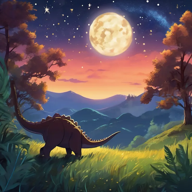 Once upon a time, in a land far, far away, there was a courageous and curious dinosaur named Dino. Dino loved exploring and learning new things. But what Dino loved most was gazing up at the twinkling stars that adorned the night sky. One night, while Dino was lying on a grassy hill observing the constellations, an extraordinary shooting star caught his attention. It streaked across the sky, leaving behind a trail of glittering stardust. Dino decided to make a wish upon that wondrous star.