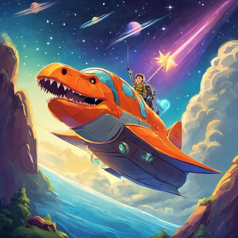 "I wish I could travel to outer space and see the stars up close!" Dino whispered with excitement. Lo and behold, the shooting star seemed to slow down and land near Dino. As he approached the star, it magically transformed into a shiny spaceship. Unable to contain his joy, Dino climbed aboard the marvelous vessel.