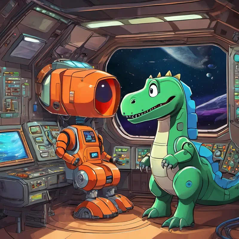 In the spaceship's control room, Dino was greeted by a friendly robot named Robo. Robo was programmed to help Dino navigate through space and make sure he returned home safely. "Welcome aboard, Dino! Prepare for an incredible adventure," Robo exclaimed.